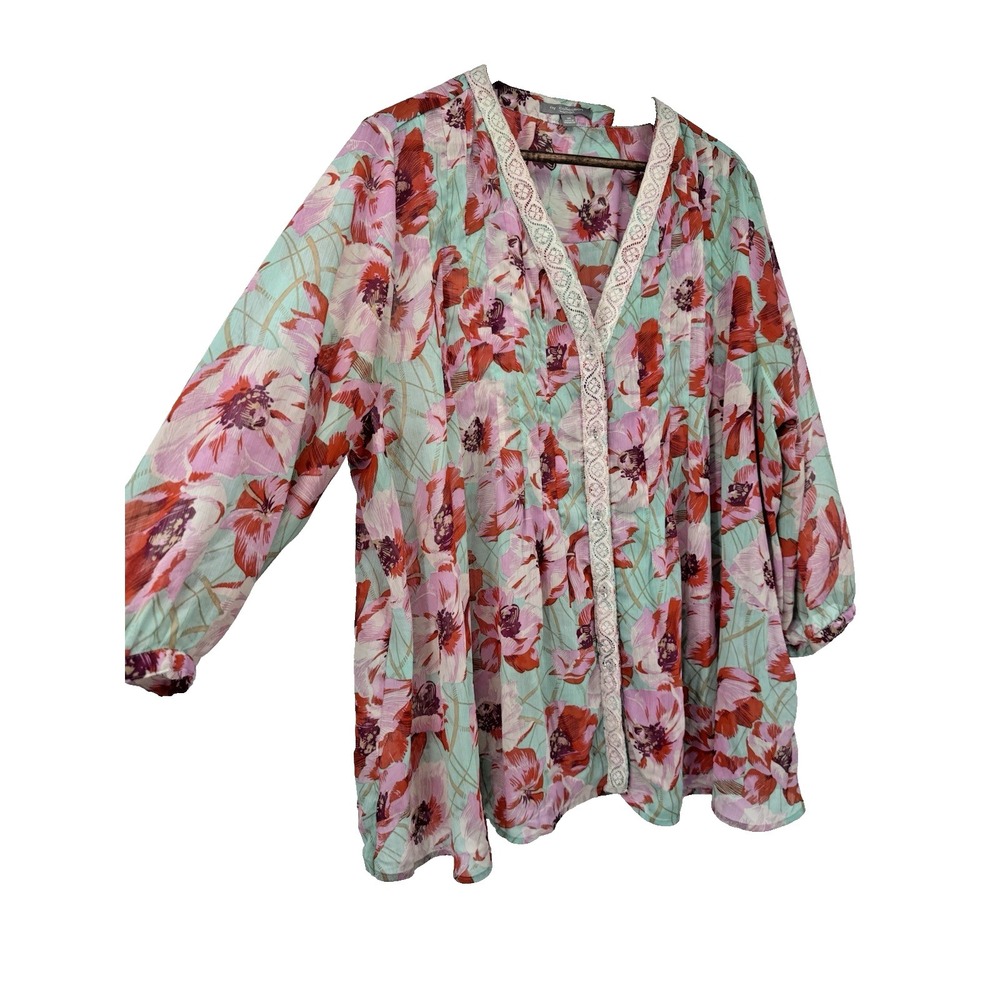 NY Collection Floral Lace V-Neck Blouse Fairy Sheer Bloomcore button up 3X